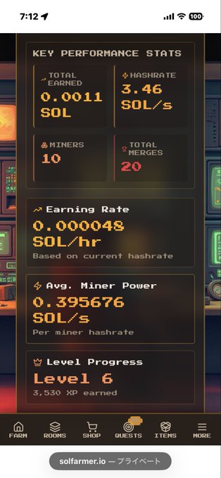 A screenshot of a "Key Performance Stats" dashboard from the Sol Farmer app, showing a total earned of 0.0011 SOL, a hashrate of 3.46 SOL/s, 10 miners, 20 total merges, an earning rate of 0.000048 SOL/hr, an average miner power of 0.395676 SOL/s, and level 6 progress with 3,330 XP earned. This relates to the post's promotion of Sol Farmer, a mining platform where users can earn SOL tokens.