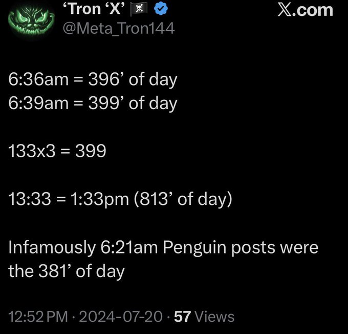 A screenshot of a post from X account @Meta_Tron144 titled "'Tron 'X'" listing various times of day converted to minutes, including "6:36am = 396' of day," "6:39am = 399' of day," "133x3 = 399," "13:33 = 1:33pm (813' of day)," and a note that "Infamously 6:21am Penguin posts were the 381' of day."