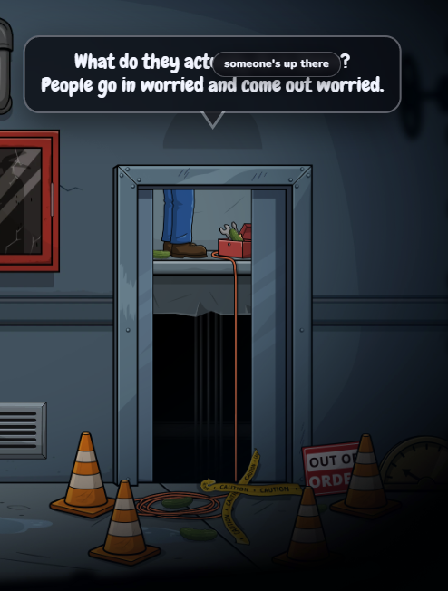A screenshot from a puzzle game showing a dark hallway scene, caution tape, traffic cones, and dialogue reading 'What do they actually do? People go in worried and come out worried.'