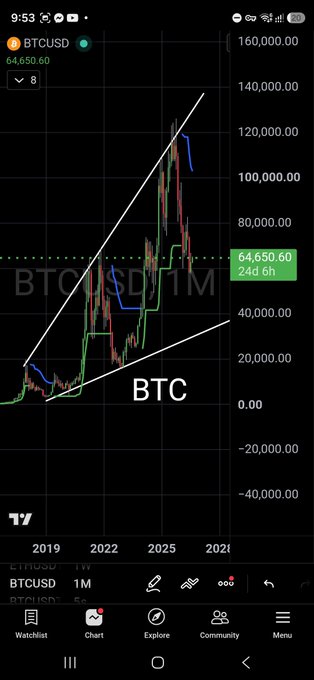 A TradingView screenshot displays the BTCUSD monthly chart with a current price of $64,650.60, showing a rising wedge pattern between 2019 and 2025 that supports the post's question about shared characteristics between BICO and BTC.