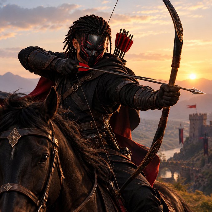 A cinematic image of a masked warrior in black armor with a red cape, drawing a bow and arrow atop a black horse against a sunset landscape featuring a distant castle and banners.