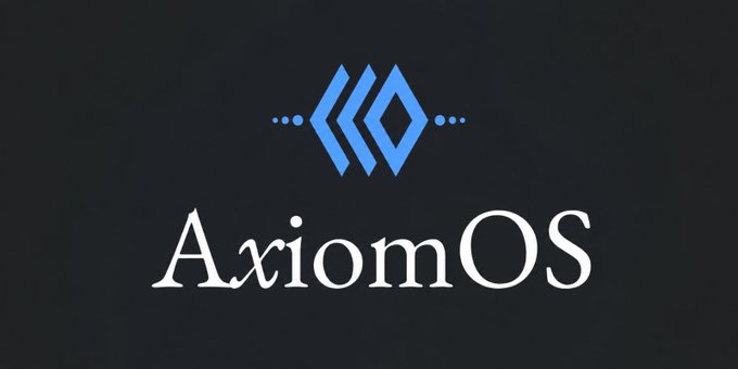 A logo for 'AxiomOS' displayed in white serif text with a blue geometric emblem above it, set against a dark background.