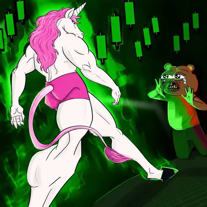 The image features a muscular man with pink shorts, depicted as an unicorn, running through a dark green forest while another character, a bear, stands behind him. The background of the image shows a series of green candles, which are used to represent the stock market in this cartoon. The caption reads "Every cycle has two characters: We’re going higher. Please stop." This suggests that the unicorn and the bear are engaged in an ongoing battle or competition related to the stock market.