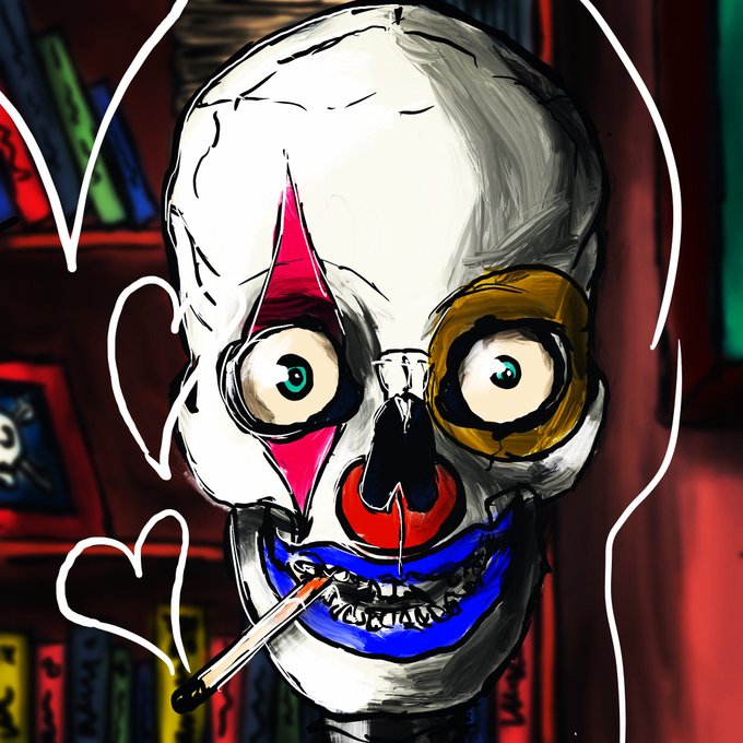 A dark, stylized digital painting of a cracked skull with mismatched eyes, blue lips, red and yellow facial accents, and a cigarette in its mouth, surrounded by white heart doodles against a red background with bookshelves.