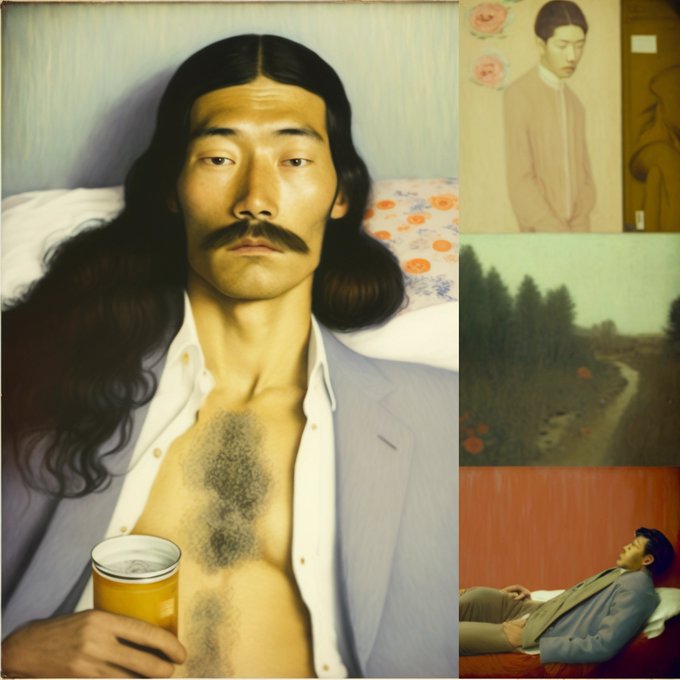 A photo collage featuring a long-haired, mustachioed man holding a yellow can of beer with his shirt open, alongside smaller images including a portrait of a man in a suit, a rural road scene, and a man lying on a bench.