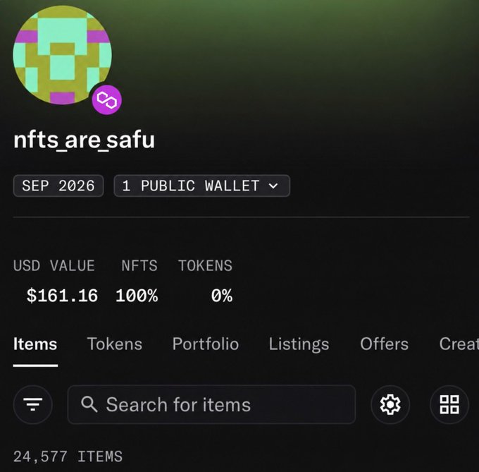 A mobile screenshot of an NFT portfolio for user 'nfts_are_safu' dated SEP 2026, showing a USD value of $161.16 and 24,577 items.