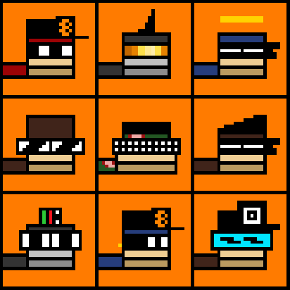 Grid of nine pixel-art character sprites on orange backgrounds, depicting various stylized figures with different hats and accessories.