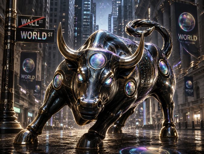 A metallic, cybernetic bull statue stands aggressively on a wet city street at Wall St and World St, surrounded by skyscrapers displaying "WORLD" banners. The bullish imagery visually reinforces the "$WORLD" token post, symbolizing a charge toward building a new financial era.