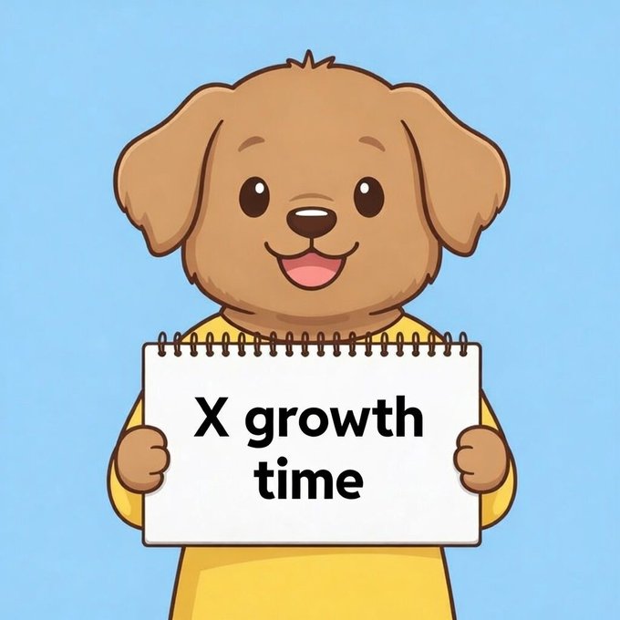 A cartoon illustration of a brown puppy wearing a yellow shirt holds a spiral notebook displaying the text 'X growth time' against a light blue background.
