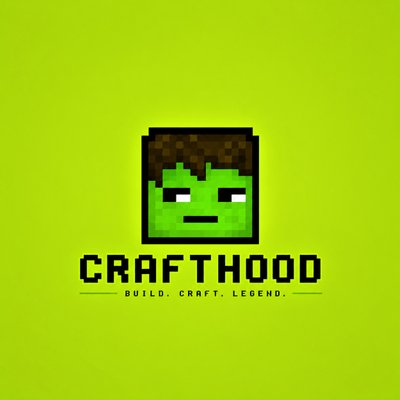 A pixel art logo features a green zombie-like Minecraft character face on a solid green background, with the text 'CRAFTHOOD' and the tagline 'BUILD. CRAFT. LEGEND.' below it.