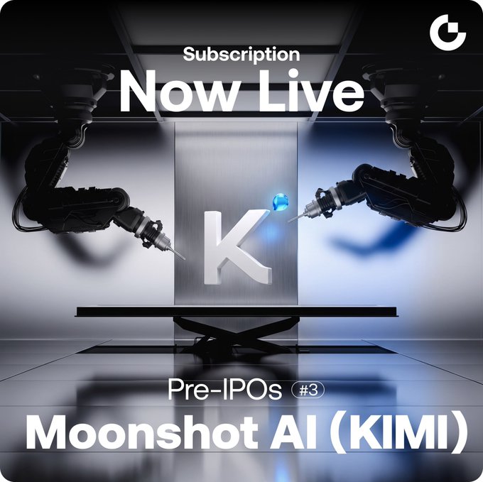 A promotional graphic with robotic arms and a glowing "K" logo, displaying the text "Subscription Now Live," "Pre-IPOs #3," and "Moonshot AI (KIMI)."