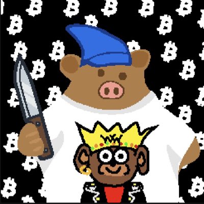 A cartoon illustration features a brown pig wearing a blue hat and a white t-shirt with a crowned monkey graphic, holding a knife against a black background with white 'B' symbols.