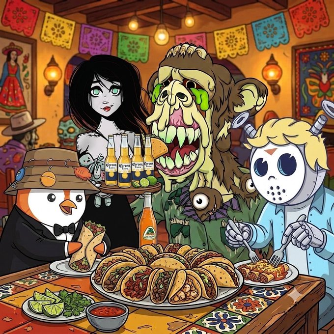A colorful cartoon illustration of various NFT characters including a penguin, zombie monkey, hockey-masked figure, and vampire girl enjoying tacos and Corona beer at a festive Mexican-themed dinner table.