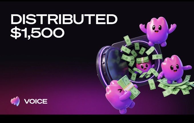 A promotional graphic showing 'DISTRIBUTED $1,500' with cute purple creatures holding cash around the VOICE logo on a dark background.