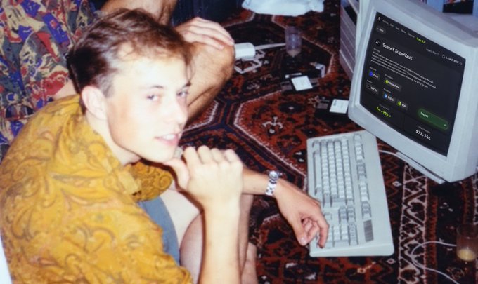 A young man sits on a Persian rug at a CRT computer displaying a "SpaceX SuperStock" page with a "42.30%" APY figure and $75,344 shown on screen, visually tying the nostalgic late-90s/early-2000s internet vibe to the post's pitch for a SpaceX-linked yield product offering 42% APY.