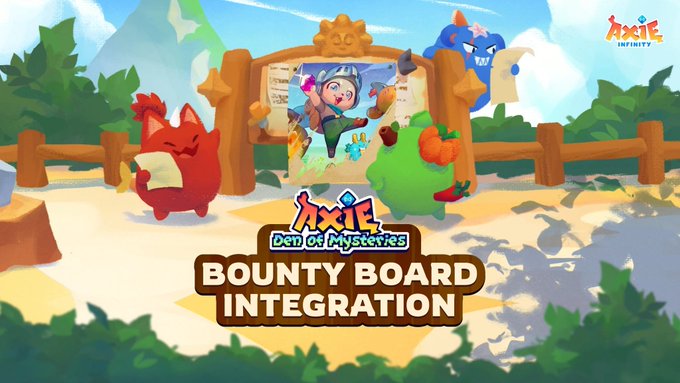 The image features a poster for an upcoming video game called "Axie of Mysteries". The poster showcases a cartoon illustration of a group of cartoon characters, including a fox, a dog, and a cat, standing near a sign that reads "Bounty Board Integration". The background of the poster is filled with trees and bushes.

The post also mentions an update to the game, stating that it will be released on June 1st. It highlights that there are five fresh bounties available across all tiers for players to collect points by verifying them through the app.