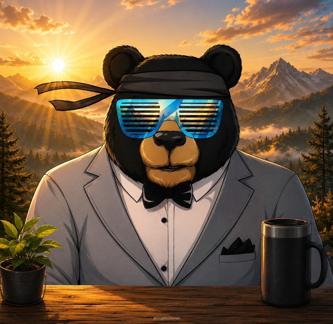 An AI-generated illustration of a black bear wearing a gray suit, bow tie, headband, and blue shutter shades, sitting at a wooden table with a coffee mug and plant, set against a mountain sunset backdrop, credited to @cryptobannet.