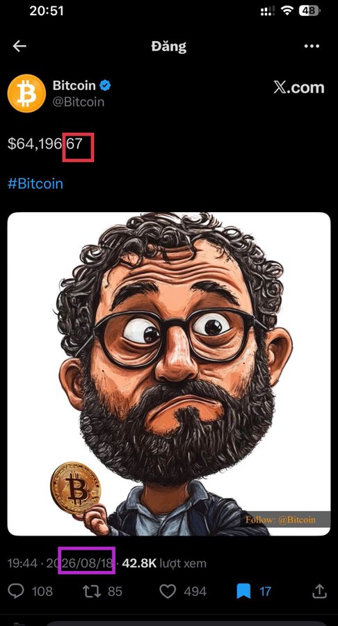 A screenshot of an X.com post from the Bitcoin account (@Bitcoin) showing a caricature of a bearded man holding a Bitcoin coin, with the price "$64,196.67" and date "26/08/18" (August 26, 2018) highlighted in red and pink boxes respectively, garnering 42.8K views.

The highlighted date 26/08/18 is emphasized to underscore the post's claim about a numerological alignment (6/7 lunar pattern) aligning with early Bitcoin history, suggesting the "disrupted transactions" referenced in the caption are tied to this specific moment on the ledger.