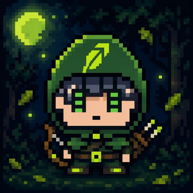 Pixel art of a green-hooded archer character with green eyes standing in a dark forest with a glowing green moon.