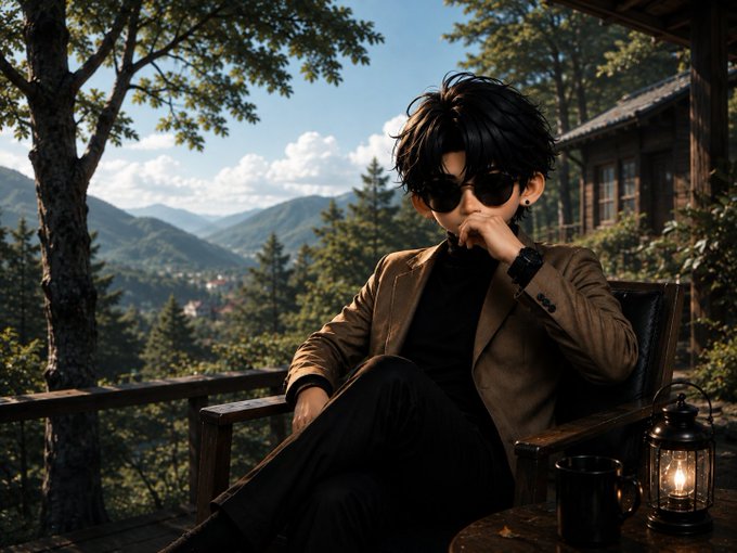 A stylized image of a young man with dark hair and sunglasses, wearing a tan blazer over a black turtleneck, sitting thoughtfully on a wooden deck overlooking a scenic mountain landscape.