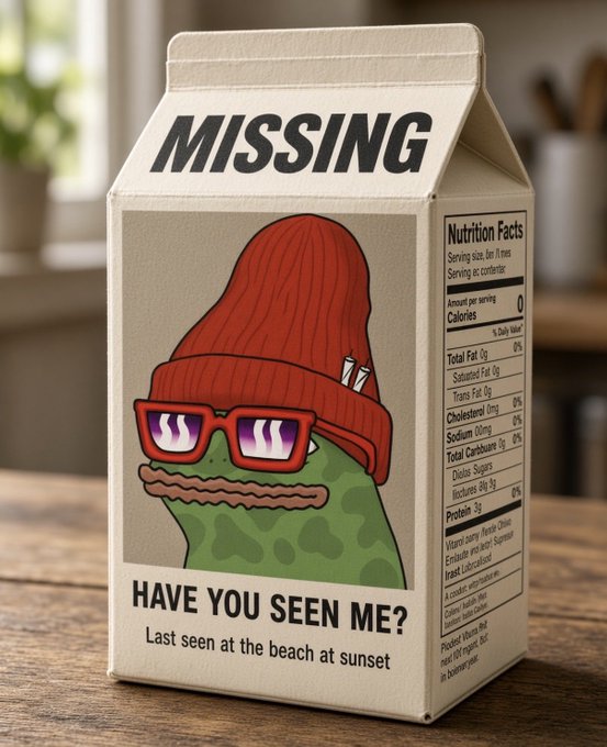 A 'MISSING' poster designed like a milk carton featuring a cartoon frog character wearing a red beanie and sunglasses, with text asking 'HAVE YOU SEEN ME? Last seen at the beach at sunset'.