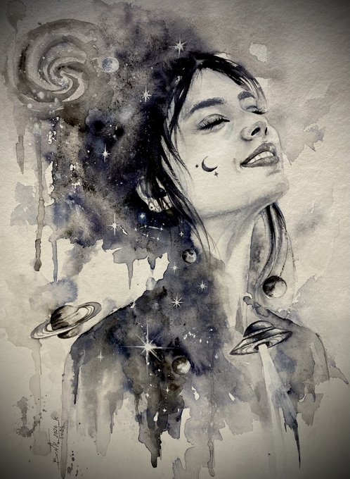 A watercolor and ink illustration of a woman with closed eyes, her hair blending into a cosmic scene of galaxies, stars, and a crescent moon.