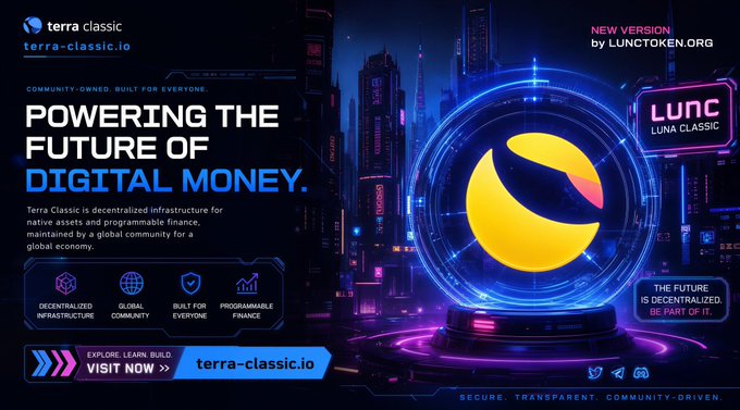 A promotional banner for Terra Classic (LUNC) cryptocurrency featuring the tagline 'POWERING THE FUTURE OF DIGITAL MONEY' and highlighting decentralized infrastructure, global community, and programmable finance from lunc-token.org.