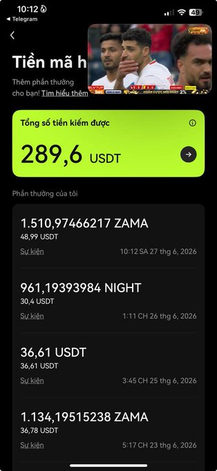 The image shows a Telegram screenshot of an OKX earnings dashboard with a total of **289.6 USDT** earned, including rewards of **1,510.97 ZAMA ($48.99)**, **961.19 NIGHT ($30.40)**, **36.61 USDT**, and **1,134.20 ZAMA ($36.78)** from various event-based tasks between June 23-27, 2026. It supports the post by showcasing actual daily rewards ("sweet rice") earned from participating in OKX World Cup-related events.