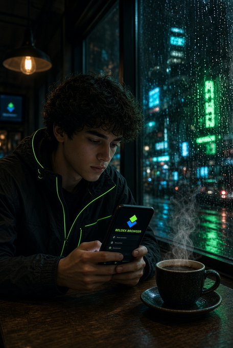 A young man sits by a rain-streaked window in a neon-lit café at night, intently using his smartphone which displays the "Beldex Browser" app interface next to a steaming cup of coffee. The moody, cyberpunk-style setting reinforces the post's theme of exploring Beldex Browser's privacy-focused technology in a contemplative, tech-driven atmosphere.