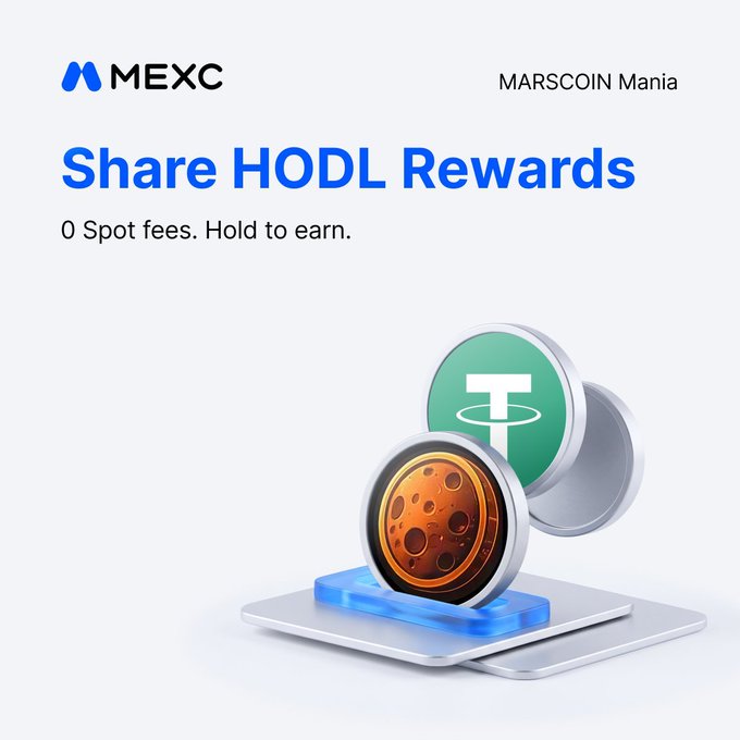 A MEXC promotional graphic for "MARSCOIN Mania" featuring the headline "Share HODL Rewards" and "0 Spot fees. Hold to earn." with images of USDT and Marscoin tokens displayed.
