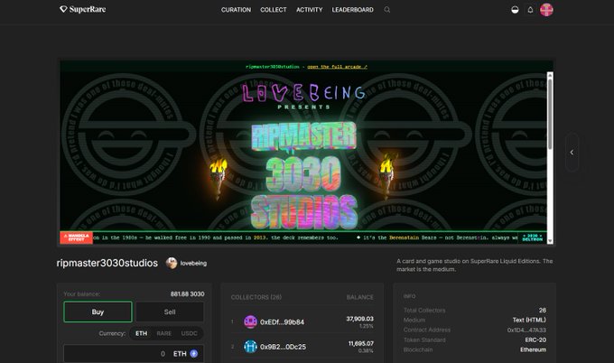A SuperRare NFT marketplace listing for 'ripmaster3030studios' by lovebeing, described as a card and game studio on Liquid Editions, priced at 551.68 3030 with a balance of 37,909.03.