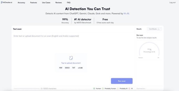 The image shows the AI Checker AI interface, which detects AI-generated content from tools like ChatGPT, Gemini, and Claude, claiming 99% accuracy and offering 5 free scans daily. It aligns with the post's emphasis on AI verification rather than creation, as the platform specializes in identifying whether text was written by humans or AI—fitting the highlighted interest in AI detection on Bittensor SN32.