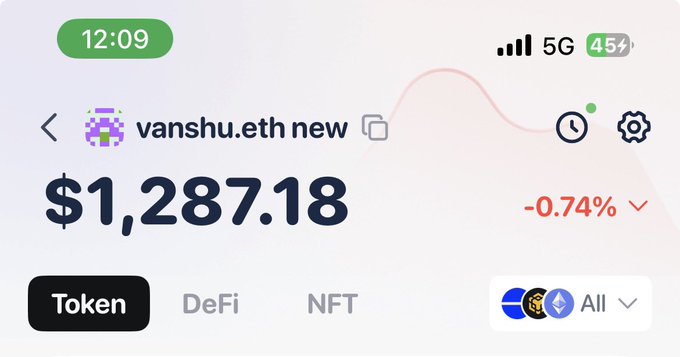 The image shows a crypto wallet/portfolio app displaying "vanshu.eth" holding $1,287.18 in tokens (down 0.74%) across Base, BNB, and Ethereum networks. It relates to the post by illustrating the current holdings the user wants to double before month's end, showing their starting portfolio value as context for seeking investment advice.