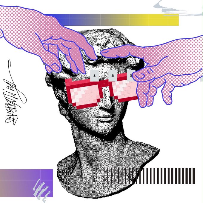 A stylized collage artwork featuring a classical statue bust with pixelated red sunglasses, two illustrated hands reaching toward the head, and a barcode at the bottom.