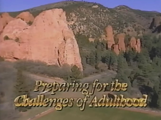 A scene from a show with the text "Preparing for the Challenges of Adulthood" overlaid on a landscape of red rock formations and pine trees.