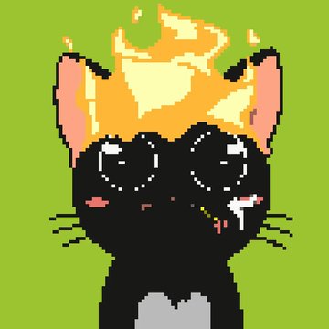 Pixel art of a black cat with large eyes, pink cheeks, whiskers, and a yellow flame or crown on its head against a bright green background.