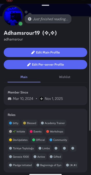 A Discord profile screenshot for user 'Adhamsrour19' (adhamsrour) showing member since dates of Mar 10, 2024 and Nov 1, 2025, with various roles including Blessed, Academy Trainer, Initiate, Events, and Workshops.