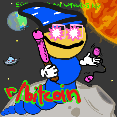 A cartoon character resembling a Smurf stands in space holding a pink "Litecoin" pencil, with "Bitcoin" written in red text and UFOs in the background.