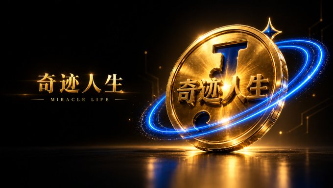 A glowing gold coin featuring the Chinese characters "奇迹人生" (Miracle Life) and a stylized "J" emblem, encircled by blue energy rings on a dark background, visually represents the BNB Chain meme token $QJRS and its "Miracle Life" narrative.