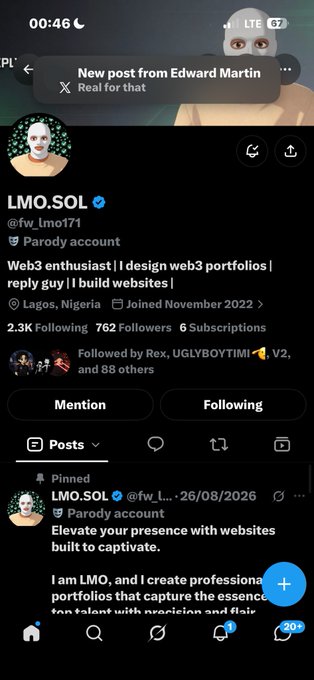 Mobile screenshot of an X (formerly Twitter) profile for 'LMO.SOL' (@fw_lmo171), a web3 enthusiast from Lagos, Nigeria, with a notification banner at the top.