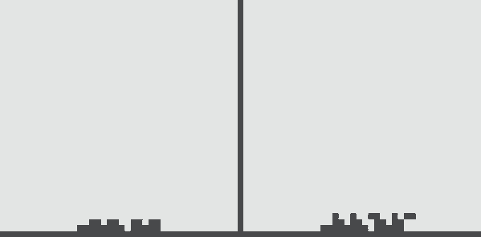 A minimalist black-and-white graphic showing two small character figures with a tall vertical structure dividing them.