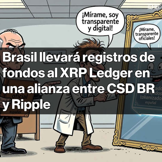 A cartoon illustration of two men in an office, with speech bubbles in Spanish and overlaid text reading 'Brasil llevará registros de fondos al XRP Ledger en una alianza entre CSD BR y Ripple'.