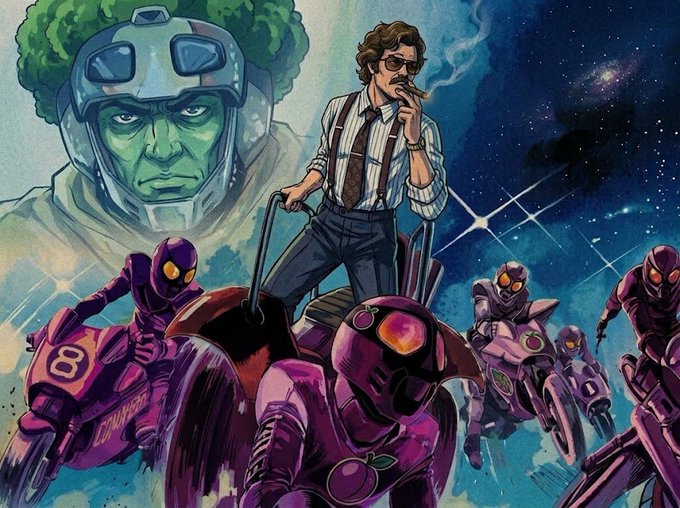 Stylized sci-fi artwork featuring a man smoking a cigar riding a futuristic motorcycle, surrounded by purple armored riders, with a green-faced helmeted figure in the background.