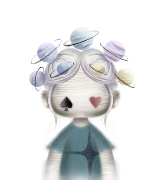 A whimsical digital illustration of a pale character with bandaged head, a spade symbol over one eye and a heart over the other, with small pastel planets orbiting their head.