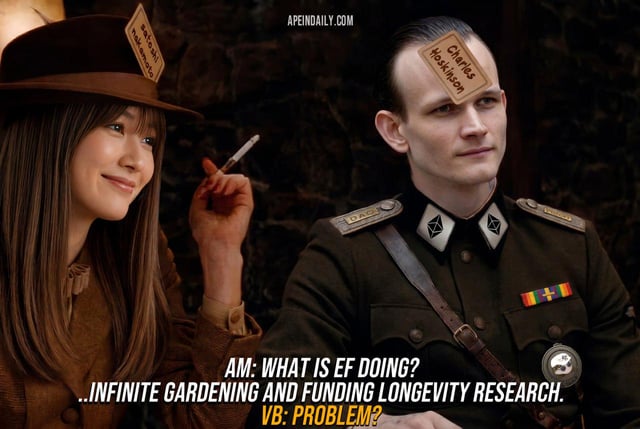 The image features a man wearing military uniform, with a woman holding a cigarette behind him. They are both smiling at each other. Below them, there's text that reads "am what is ethereum foundation doing?" and "focus on". The caption also includes an explanation about the E Ethereum Foundation (EF) and their work in the field of gardening and problem-solving.

The image seems to be promoting a charity event or fundraiser related to the E Ethereum Foundation, as indicated by the text above them.