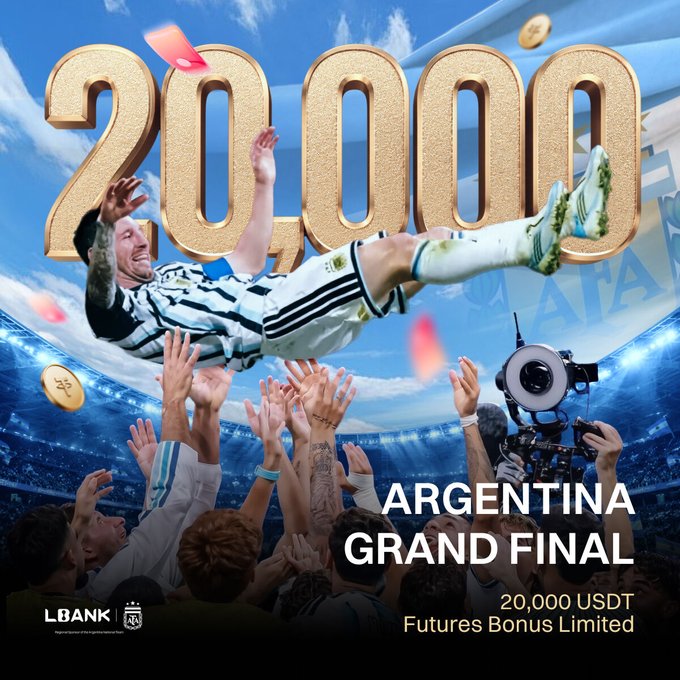 A promotional graphic for LBank featuring a soccer player being celebrated by teammates and fans in a stadium, with the number "20,000" displayed prominently in large gold text, along with "ARGENTINA GRAND FINAL" and "20,000 USDT Futures Bonus Limited" announcing a trading rewards offer to celebrate Argentina reaching the World Cup final.