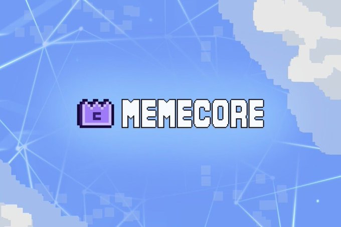 A pixel-art logo featuring a purple TV character and the bold white text "MEMECORE" against a blue networked background, representing the $M token that surged over 250% following the announcement of a $10M+ buyback program.