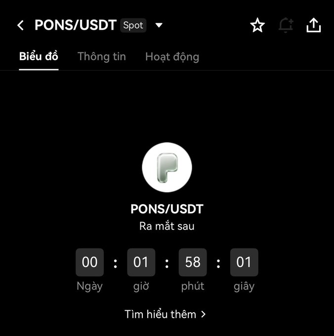 A cryptocurrency exchange interface displays the PONS/USDT spot trading page in Vietnamese, showing a countdown timer of 00 days, 01 hour, 58 minutes, and 01 seconds until the PONS token launch, with the message 'Ra mắt sau' (Launching soon) and a 'Tìm hiểu thêm' (Learn more) link.