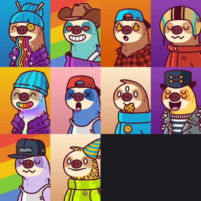 A grid of 10 colorful cartoon illustrations featuring a sloth character in various outfits and expressions against different colored backgrounds.