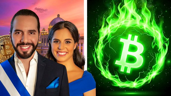 A composite image featuring a man wearing a blue sash and a woman in a blue dress on the left, set next to a glowing green Bitcoin logo surrounded by fiery energy on the right.